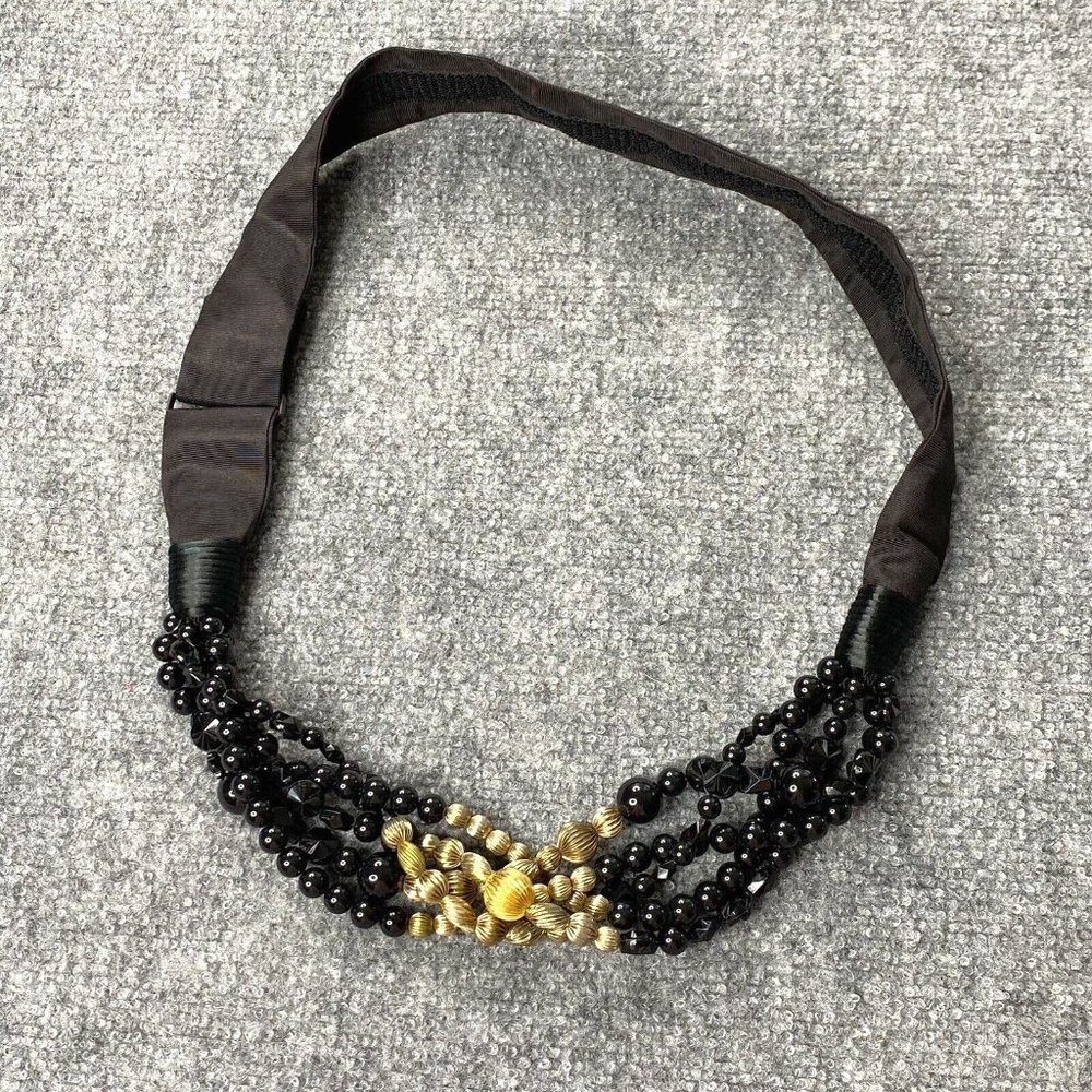 VTG Carolyn Tanner Beaded‎ Belt Women M Black Gold Adjustable Statement 80s 90s